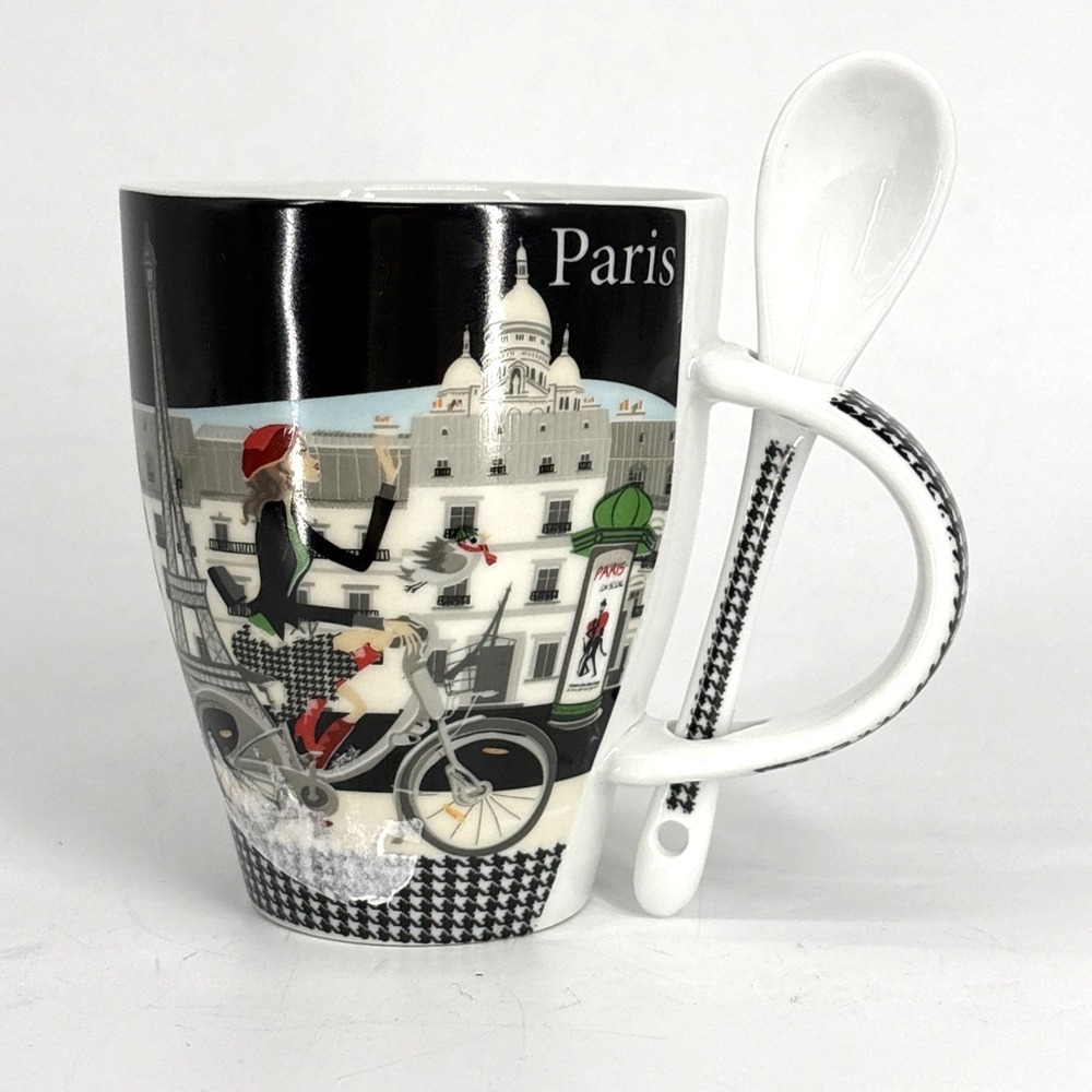 Paris Coffee Mug Fox Trot Velib Tea Cup with Spoon Houndstooth
